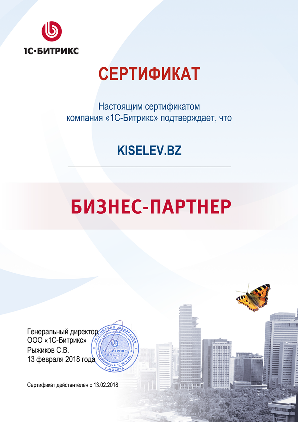 Сертификат партнёра по СРМ системам в Рузе